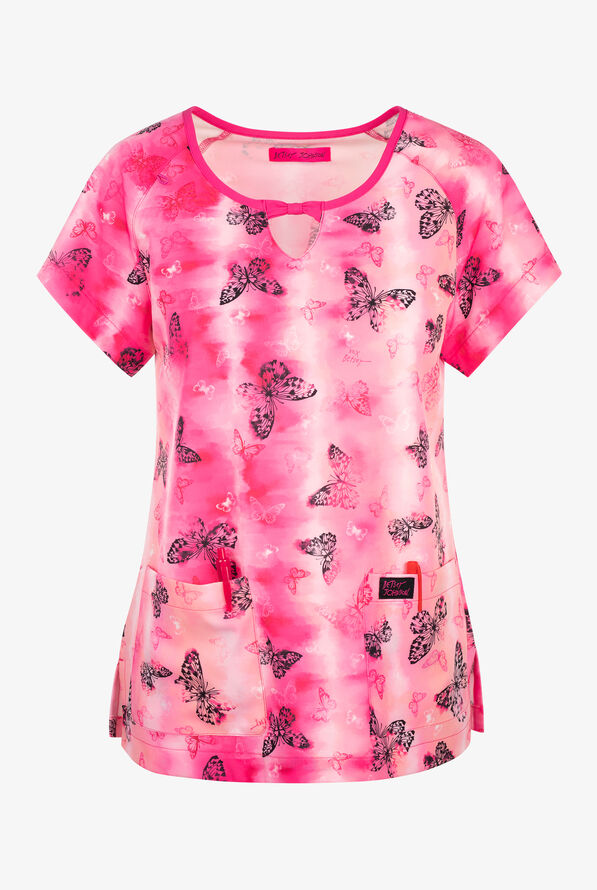 Betsey Johnson Butterfly Fantasy Women's 2-Pocket STRETCH Round Neck Print Scrub Top - null - 1