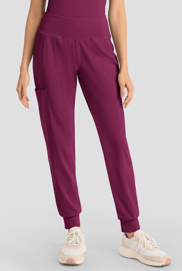 Cherokee Achieve Women's 5-Pocket STRETCH Cargo Jogger Knit Scrub Pants - Wine - 1