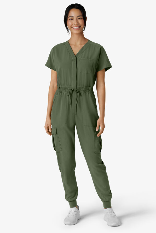 Wink Renew Women's 7-Pocket STRETCH V-Neck Cargo Jogger Jumpsuit - Olive - 1