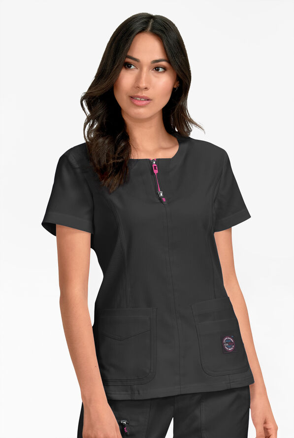 koi Lite&trade; Serenity Women's 4-Pocket Double Zipper Scrub Top - Black - 2