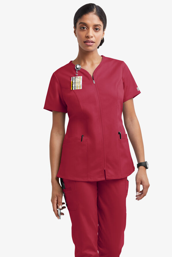 Butter-Soft STRETCH Women's 4-Pocket Smooth Face Zipper Scrub Top - Ruby - 2