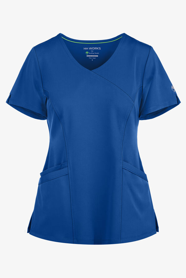 HH Works by Healing Hands Madison Women's 4-Pocket STRETCH Mock Wrap Scrub Top - Royal - 1