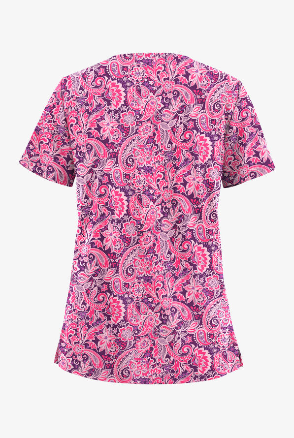 Butter-Soft STRETCH Romantic Paisley Eggplant Women's 2-Pocket V-Neck Print Scrub Top - null - 2