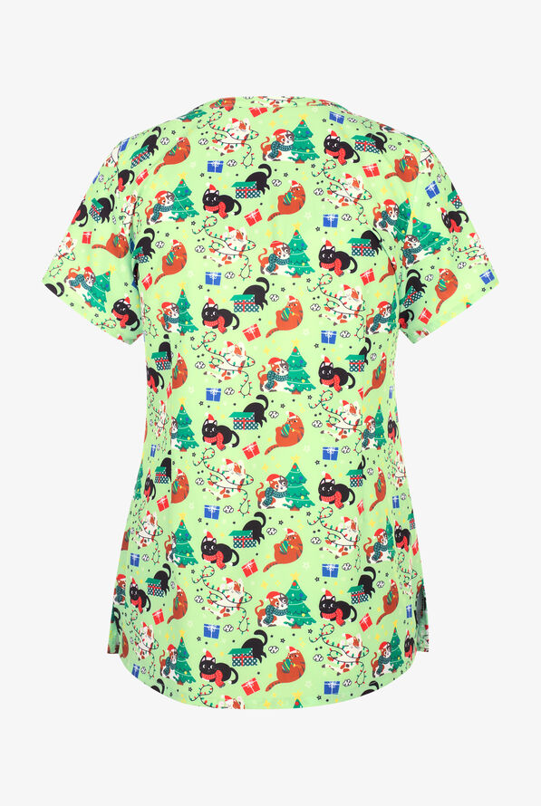 Maevn Who Let The Cat Out Women's 3-Pocket STRETCH V-Neck Print Scrub Top - null - 2