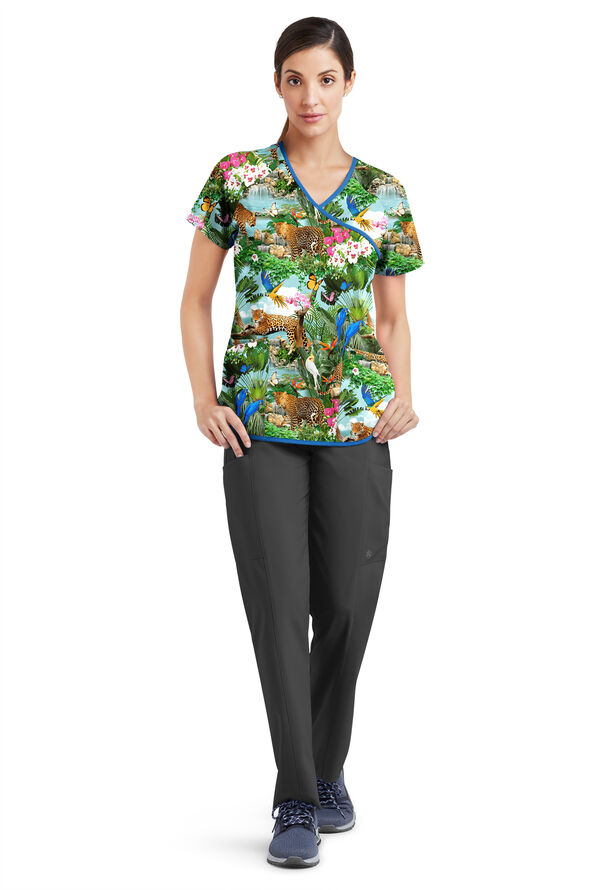 Easy STRETCH Tropical Paradise Women's 4-Pocket Raglan Sleeve V-Neck Mock Wrap Print Scrub Top - null - 2