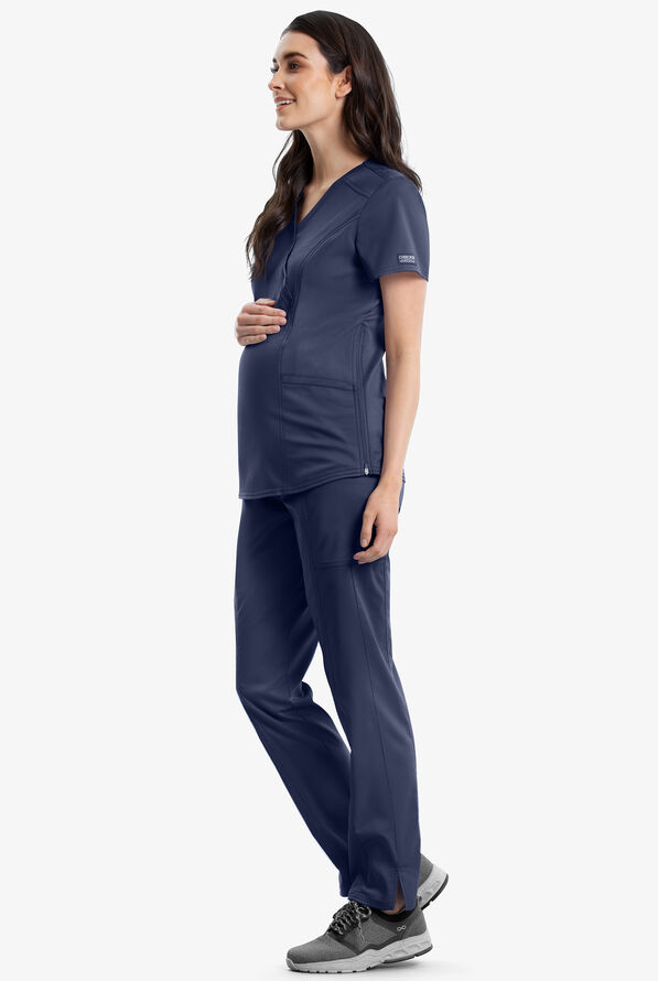 Cherokee Workwear Revolution Women's 2-Pocket STRETCH Maternity Mock Wrap Scrub Top - Navy - 3