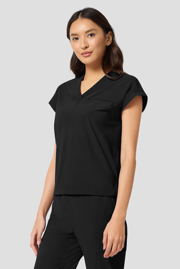 Blusa m&eacute;dica Infinity Pursuit STRETCH con cuello en V de punto acanalado y 1 bolsillo para mujer - Black - 2