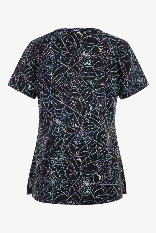 Betsey Johnson Halloween Dazzling Webs Women's 2-Pocket STRETCH V-Neck Print Scrub Top - null - 2