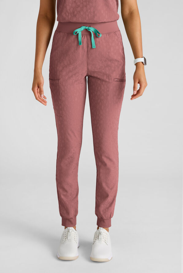 Easy STRETCH Olivia Women's Jacquard 7-Pocket Slim Leg Jogger Scrub Pant - Soft Chestnut - 1