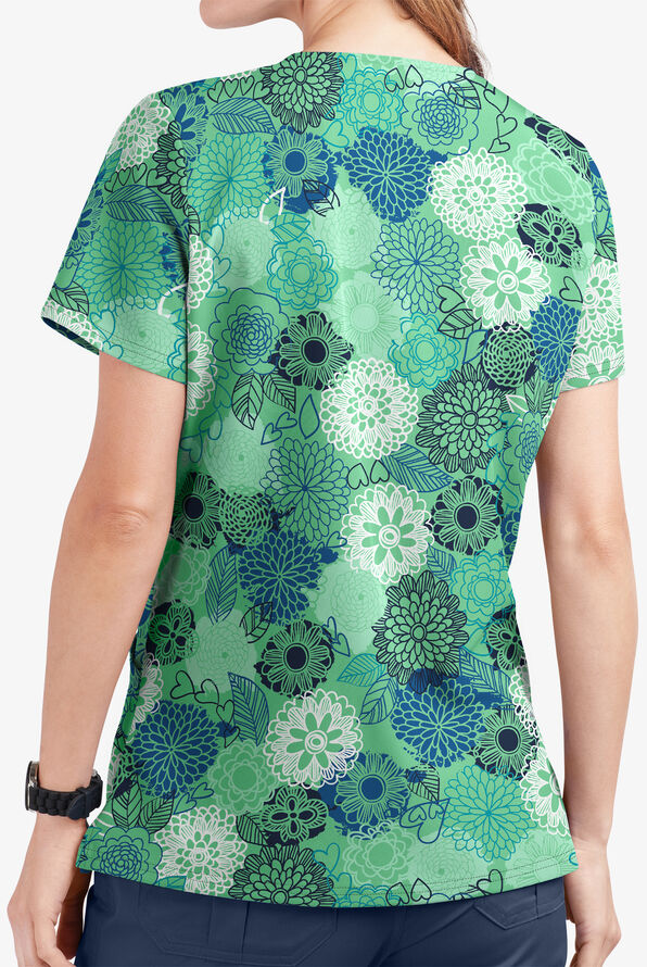 UA Butter-Soft STRETCH Danish Floral Green Jade Women's 2-Pocket V-Neck Print Scrub Top - null - 2