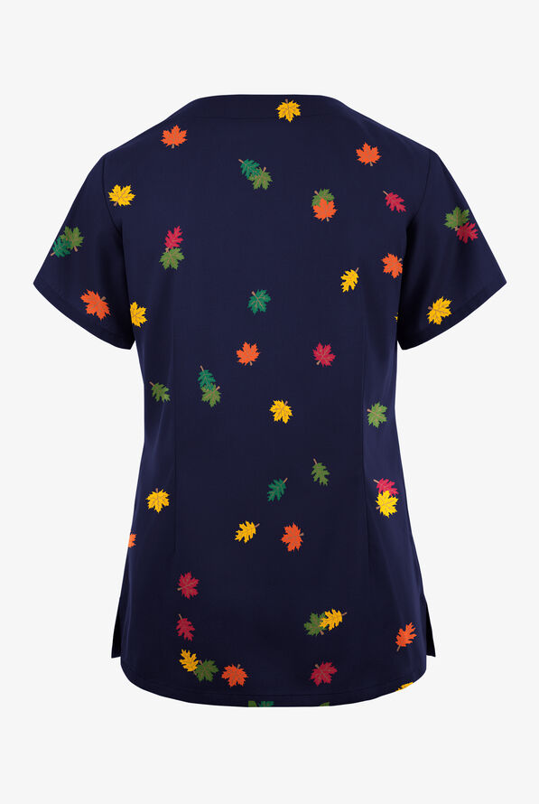Buttersoft Originals Forest Turky Navy Women's 2-Pocket Scallop Neck Print Scrub Top - null - 2