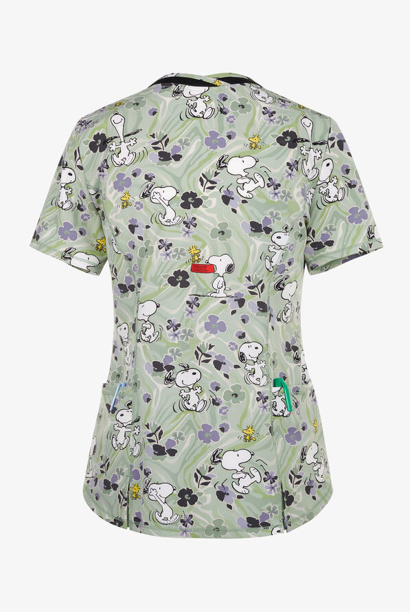 Tooniforms Peanuts Moves Like Snoopy Women's 4-Pocket STRETCH V-Neck Print Scrub Top - null - 2