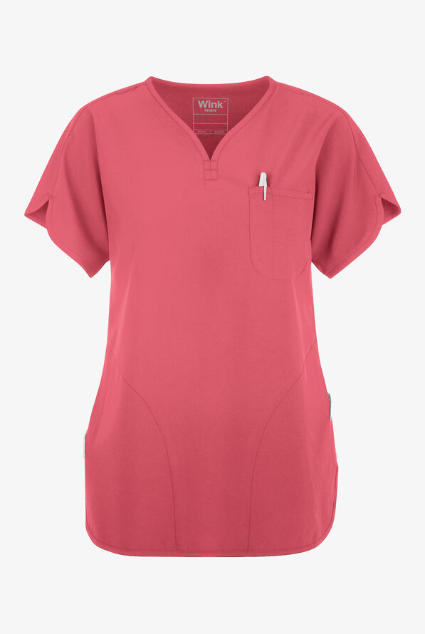 Wink Renew Women's 3-Pocket STRETCH Dolman Notch Sleeve Y-Neck Scrub Top - Ruby - 1