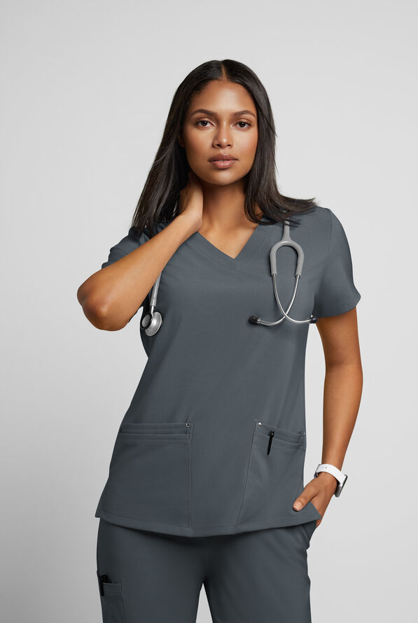 Easy STRETCH Lina Mitered Women's 4-Pocket V-Neck Scrub Top - Pewter - 2