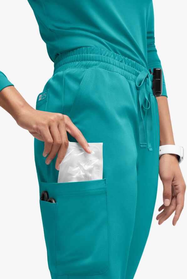 Easy STRETCH Naya Women’s Natural Waist 6-Pocket Straight Leg Scrub Pants - Petite - Teal - 2