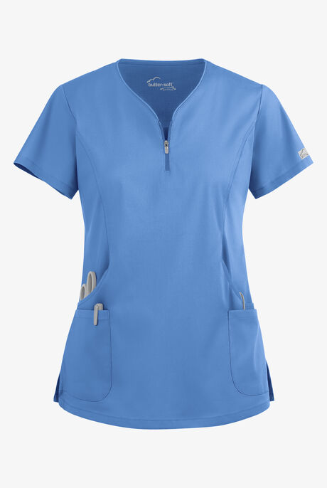 Butter-Soft STRETCH Women's 4-Pocket Curved Neck Zipper Scrub Top