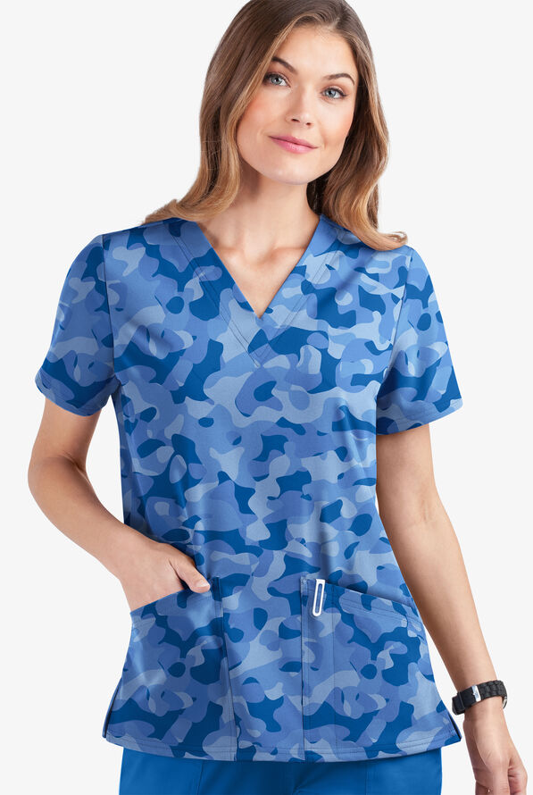 UA Butter-Soft STRETCH Camo Puzzle Royal Women's 2-Pocket V-Neck Print Scrub Top - null - 1