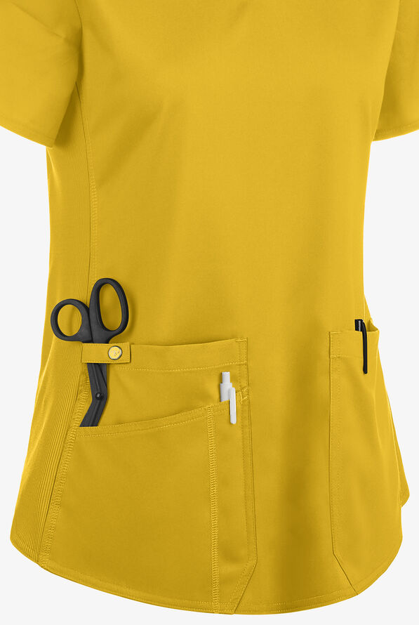 Med Couture Touch Women's 3-Pocket STRETCH Rib-Knit Side Panels Shirttail V-Neck Scrub Top - Midsummer Gold - 3