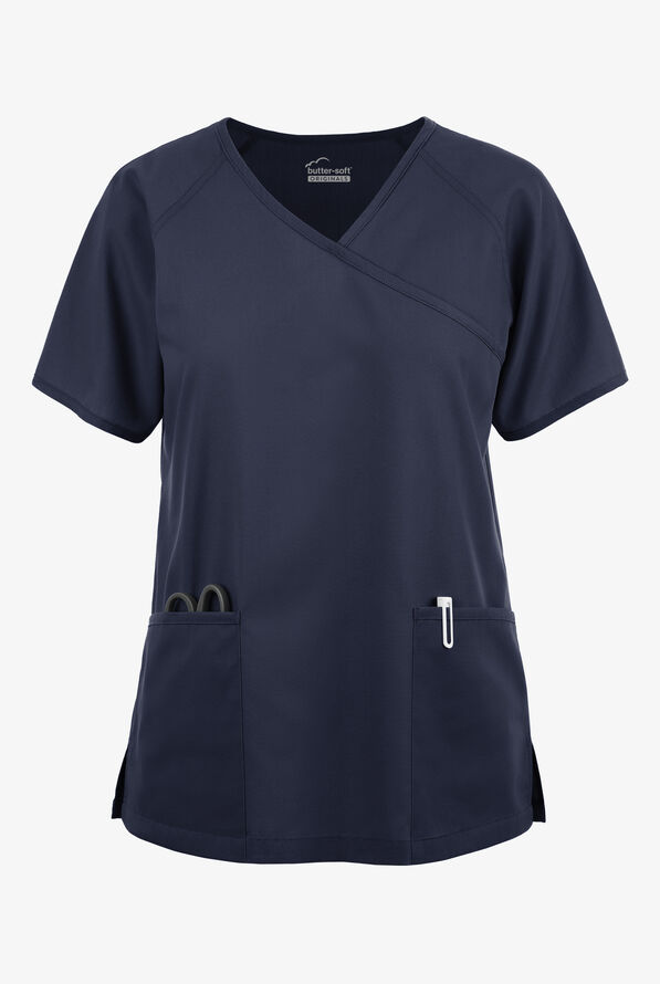 Butter-Soft Originals Women's 3-Pocket Mock Wrap Raglan Sleeve Scrub Top - Navy - 1