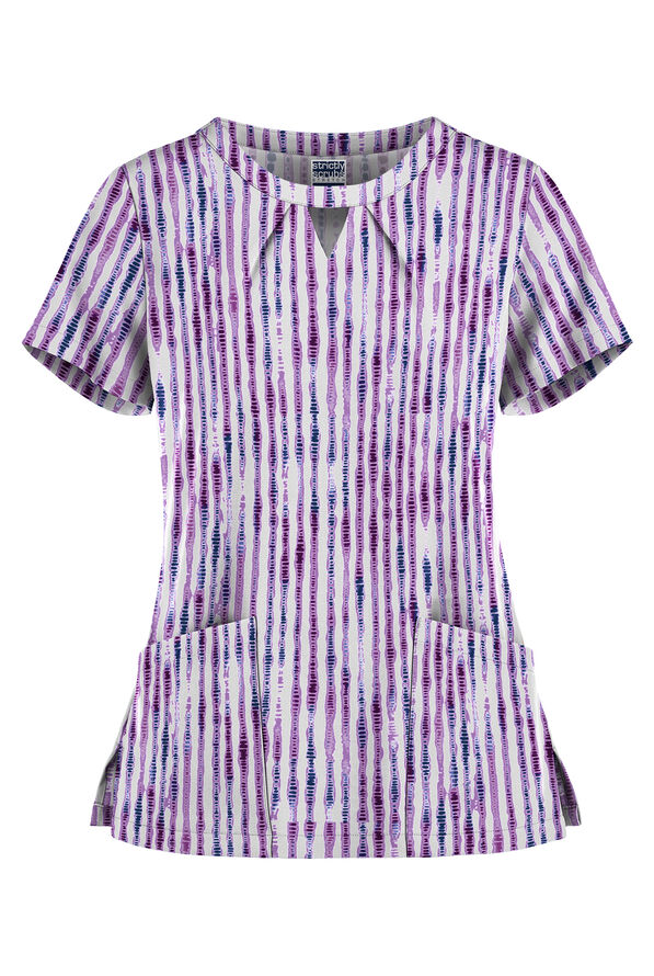Blusa médica estampada Strictly Scrubs Geometric Stripes White con cuello ojo de cerradura y 2 bolsillos para mujer - null - 1
