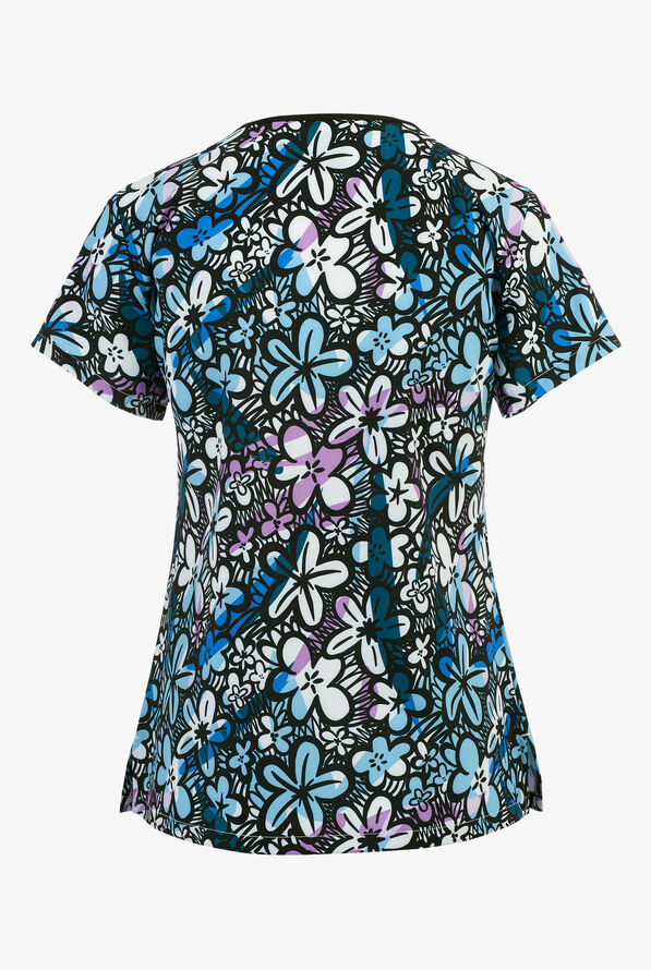 Med Couture Scribble Floral Women's 2-Pocket STRETCH V-Neck Print Scrub Top - null - 2