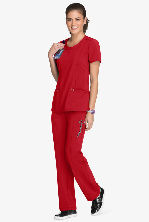 Infinity Women's 3-Pocket STRETCH Round Neck Scrub Top - Red - 2