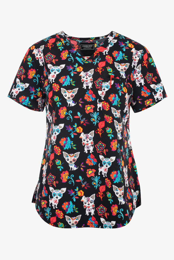 Cherokee Sugar Skull Pups Women's 1-Pocket STRETCH V-Neck Print Scrub Top - null - 1