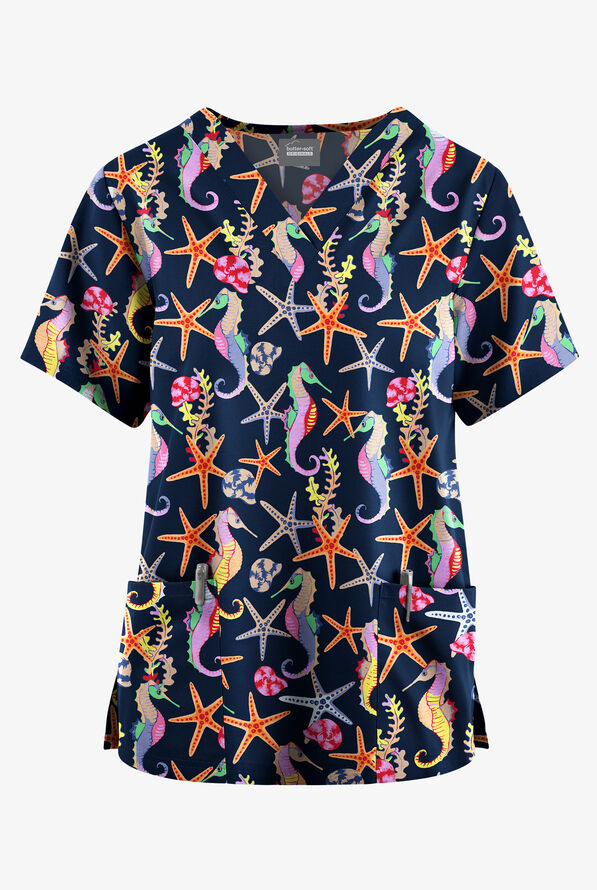 Butter-Soft Originals Seahorse Fantasy Navy Women's 2-Pocket V-Neck Print Scrub Top - null - 1