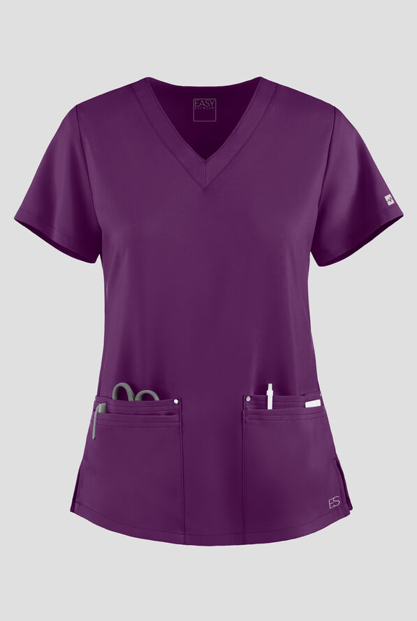Easy STRETCH Lina Mitered Women's 4-Pocket V-Neck Scrub Top - Eggplant - 1