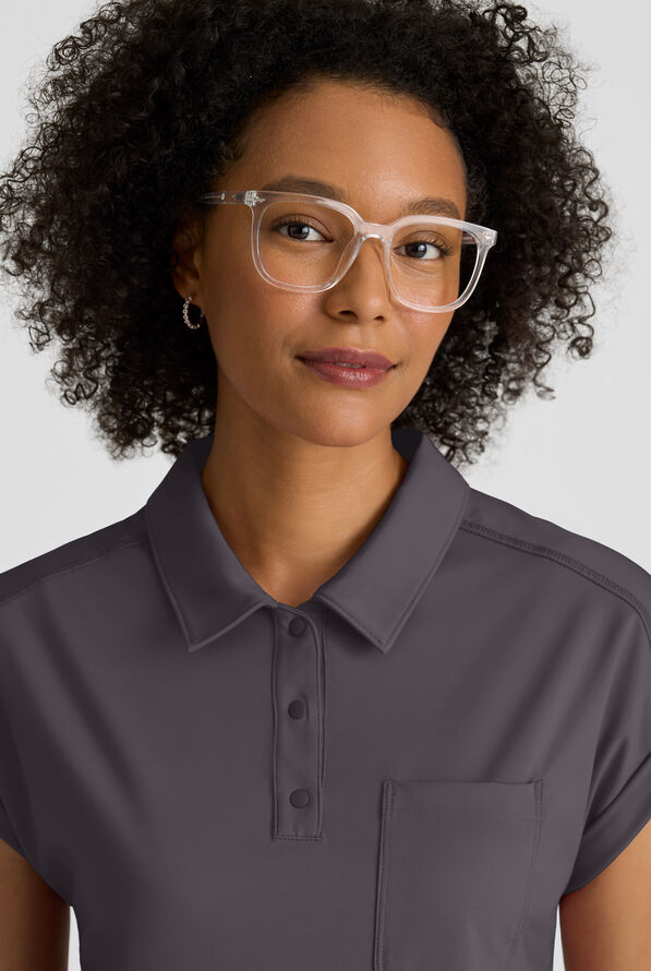 Grey's Anatomy by Barco Knit STRETCH Renew Women's 1-Pocket Dolman Sleeve Polo Scrub Top - Steel Gray - 3