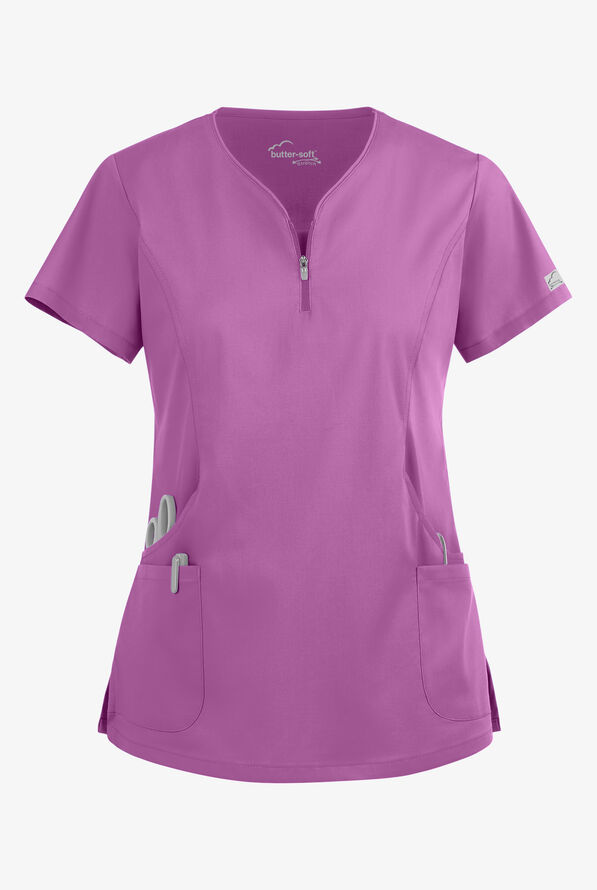 Blusa médica UA Butter-Soft STRETCH con cremallera en el cuello curvo y 4 bolsillos para mujer - Orchid - 1