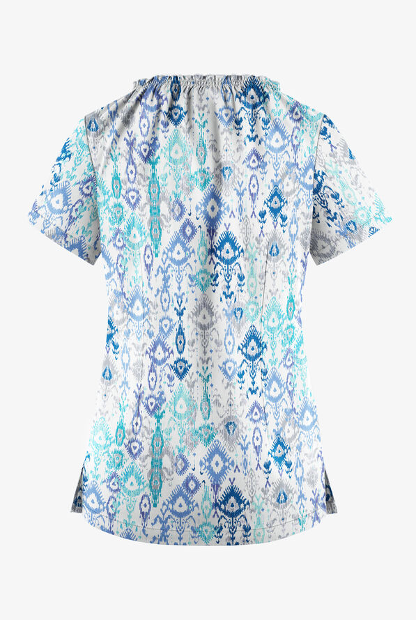 Butter-Soft STRETCH Cascading Ikat Amparo Blue Women's 6-Pocket Peasant Style Print Scrub Top - null - 2