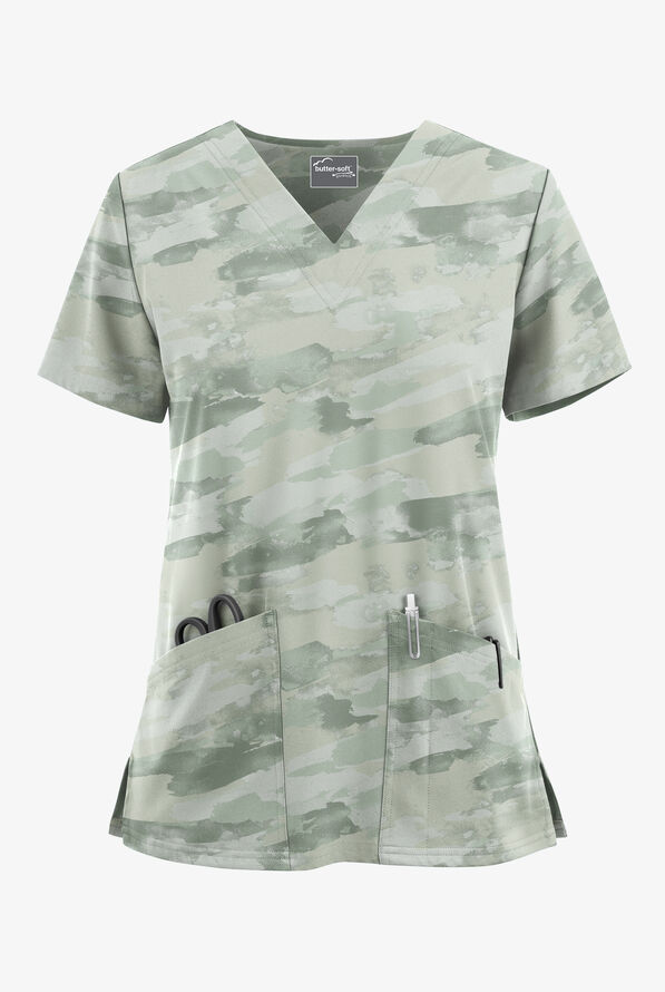 Blusa médica estampada UA Butter-Soft STRETCH Marbled Camo Sage Green con cuello en V y 2 bolsillos para mujer - null - 1