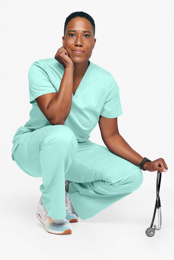 Cherokee Workwear Revolution Women's 3-Pocket STRETCH V-Neck Scrub Top - Crystal Beach - 3