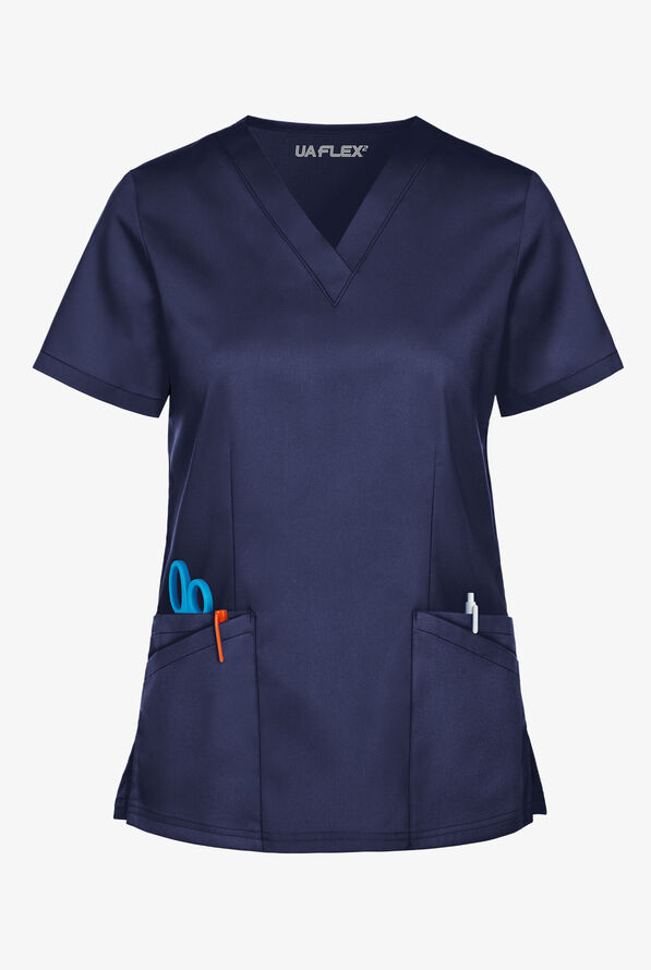 UA Flex2 Women's 4-Pocket V-Neck STRETCH Scrub Top - Navy - 1