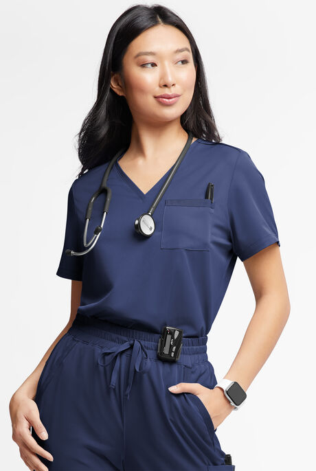 Blusa médica WhisperLite Zora Stretch con cuello en V y 2 bolsillos para mujer