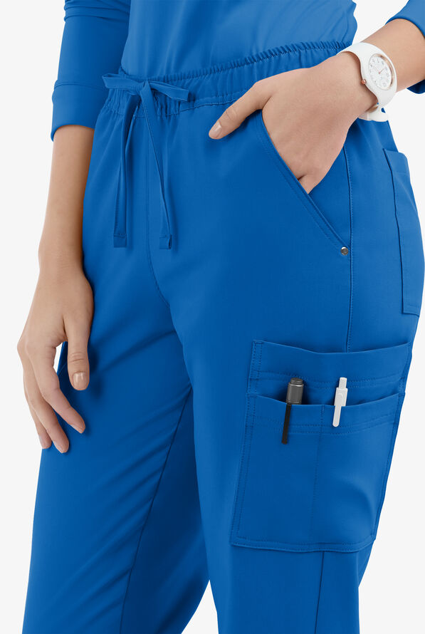 Easy STRETCH Halle Women's 11-Pocket Ruched Leg Jogger Scrub Pants - Petite - Royal - 3