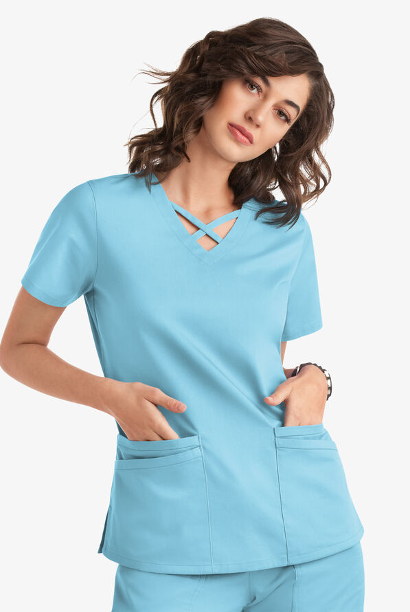 Blusa m&eacute;dica UA Butter-Soft STRETCH con lazos entrecruzados y 4 bolsillos para mujer - Poolside View - 5