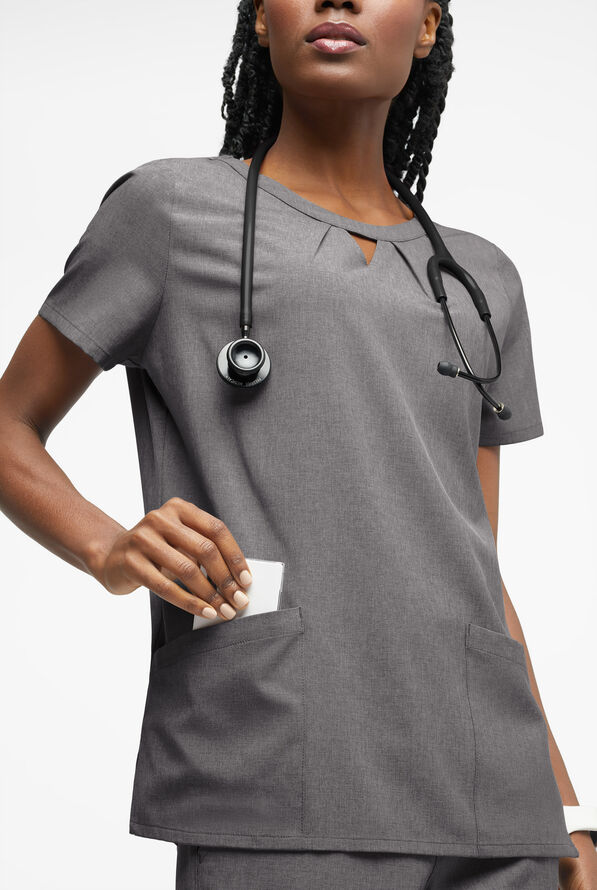 Easy STRETCH Salma Women’s 3-Pocket Keyhole Neck Scrub Top - Graphite Heather - 2