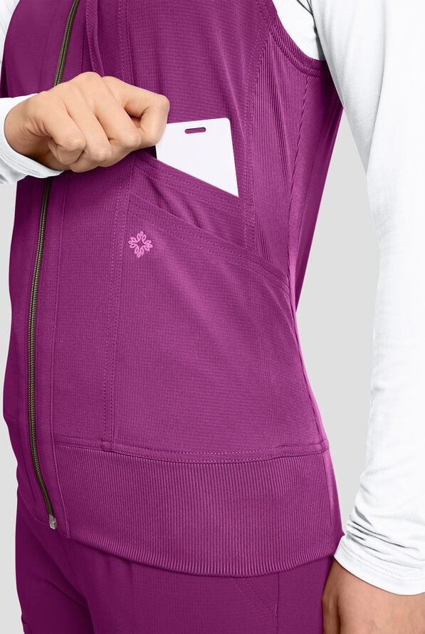 Med Couture Amp Women's 4-Pocket STRETCH Zip Front Removable Hoodie Scrub Vest - Plum Royale - 3