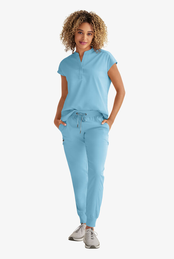 Healing Hands Purple Label Journey Women's 2-Pocket STRETCH Dolman Sleeve Mandarin Collar Scrub Top - Spectra Blue - 2