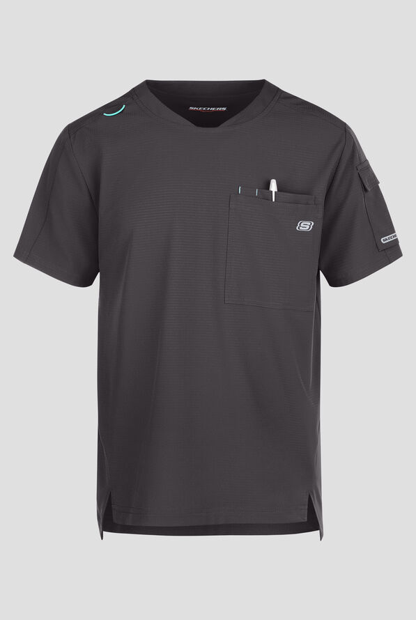 Skechers by Barco Ripstop Station Men's 3-Pocket STRETCH Notched Hem Round Neck Scrub Top - Pewter - 1