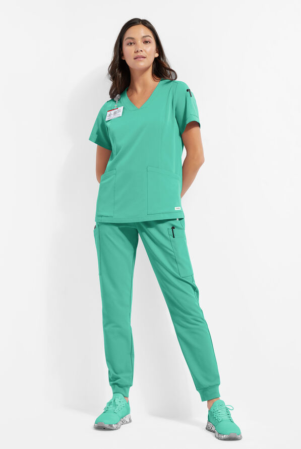 ReSurge Ruby Women's 5-Pocket Curved V-Neck Top - Bright Jade - 2