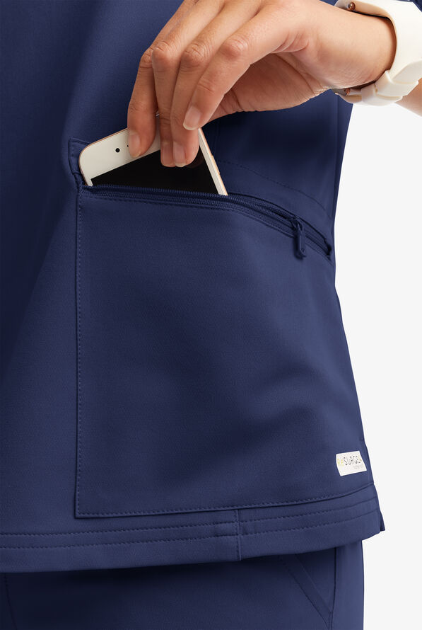 Butter-Soft Women's 5-Pocket Zipper Neck Short Sleeve Scrub Top **Slightly IRREGULAR** - Navy - 6