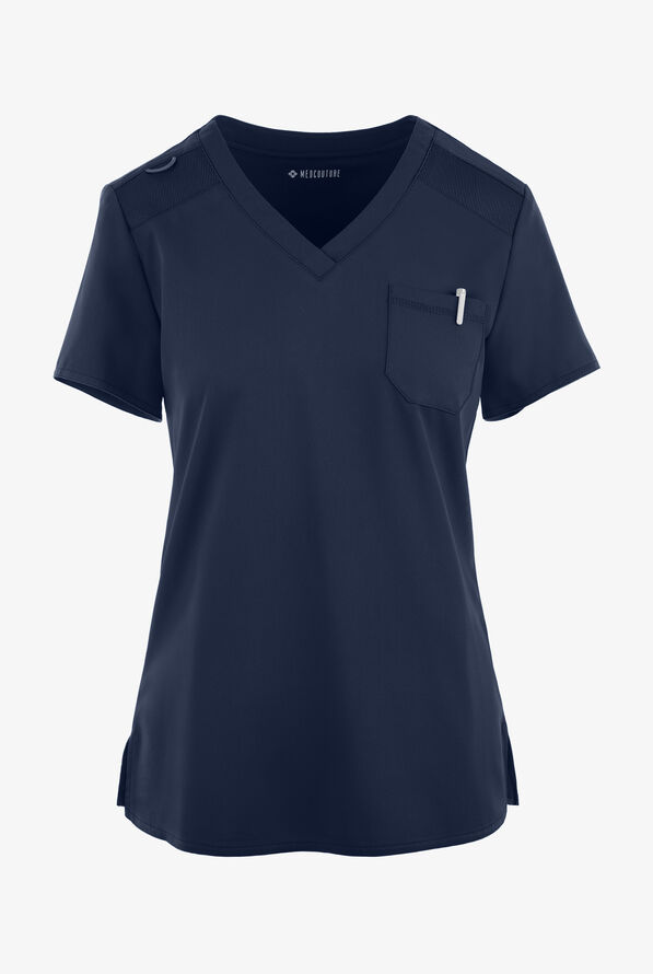 Med Couture Touch Women's 1-Pocket STRETCH Tuck In V-Neck Scrub Top - Navy - 1