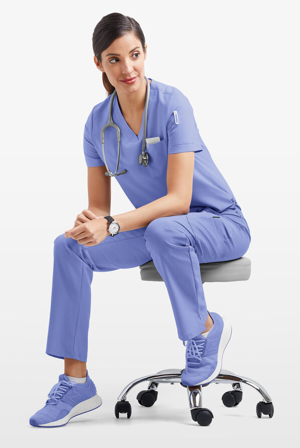 Easy STRETCH Chloe Women's 3-Pocket V-Neck Tuck-In Scrub Top - Ceil Blue - 6