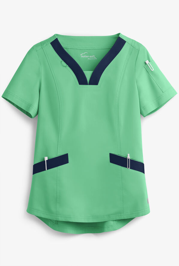Butter-Soft STRETCH Women's 4-Pocket Feminine Curved V-Neck Scrub Top - Green Jade/Navy - 1