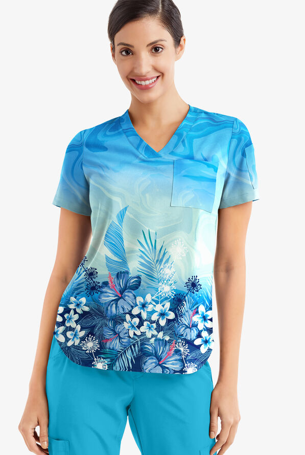 Easy STRETCH Honolulu Garden Navy Women's 3-Pocket Tuck-In V-Neck Print Scrub Top - null - 2