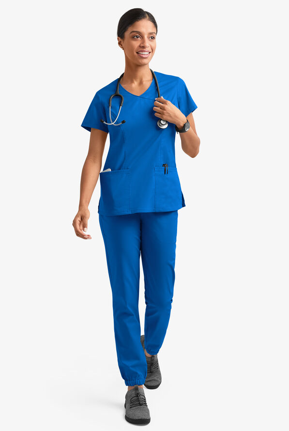Butter-Soft STRETCH Women's 3-Pocket V-Neck Mock Wrap Scrub Top - Royal - 6
