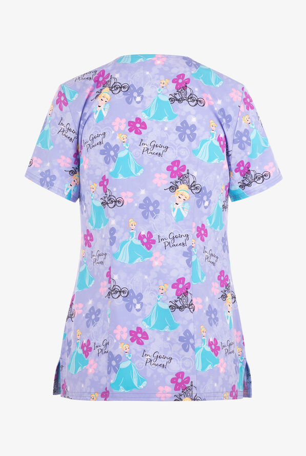 Tooniforms Disney's Cinderella Carriage Ride Women's 2-Pocket STRETCH V-Neck Print Scrub Top - null - 2
